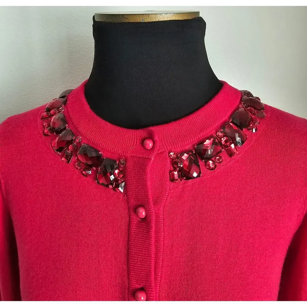 Kate Spade Pink Cotton Wool Rabbit Hair Jeweled Beaded Neck Cardigan Sweater XS